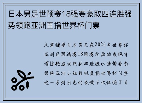 日本男足世预赛18强赛豪取四连胜强势领跑亚洲直指世界杯门票