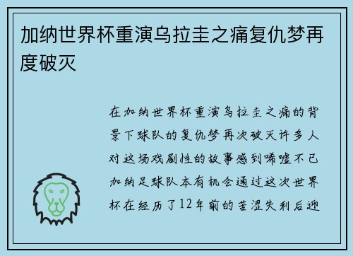 加纳世界杯重演乌拉圭之痛复仇梦再度破灭
