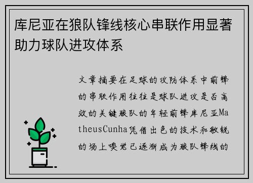 库尼亚在狼队锋线核心串联作用显著助力球队进攻体系 库尼亚在狼队锋线核心串联作用显著助力球队进攻体系